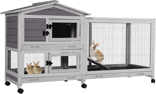 BUTINGLALE 62" Rabbit Hutch with Chew-Proof Ramp &amp; Waterproof Roof - Indoor/Outdoor Bunny Cage, 2-Story Design, 6 Lockable Caster Wheels &amp; Dual Pull-Out Trays (Grey) RH-AIR19-MA
