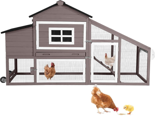 MEDEHOO Chicken Coop, Mobile Chicken House with with Wheel, Outdoor Hen House Poultry Cage with Nesting Box, Leakproof Pull Out Tray and UV-Resistant Roof (Brown) AIR23-B-A122-WM