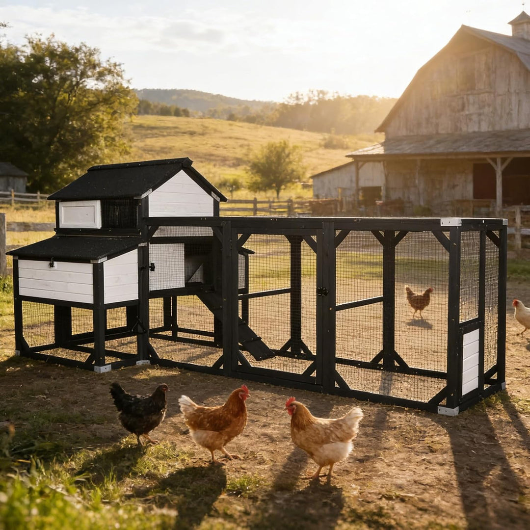 Extra Large 120" L Chicken Coop for 8-10 Chickens, Wooden Chicken House with Run, 6 Nesting Boxes, Heavy Duty Construction, Waterproof Roof, Predator Resistant Outdoor Poultry Cage-Black AIR46-M-B-ZOE