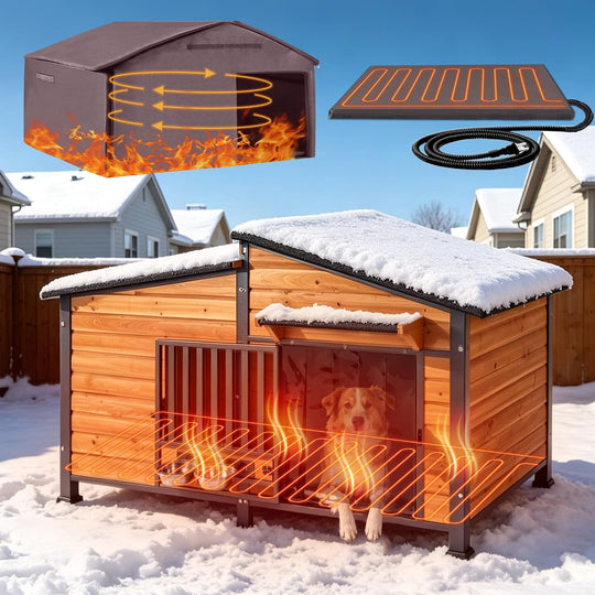 MEDEHOO Extra Large 60" Insulated Heated Dog House with Heating Pad &amp; Insulated Liner, Outdoor Dog House with Chew-Proof Metal Frame for Large Dog Breeds, Brown
