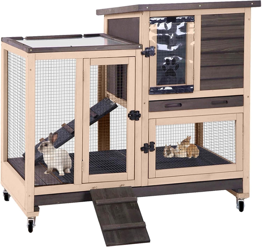 MEDEHOO Rabbit Hutch Wooden Rabbit Cage on Wheels 2 Story Guinea Pig Cage with Urine Guards,Pull Out Tray(Coffee Color) AIR35-00J