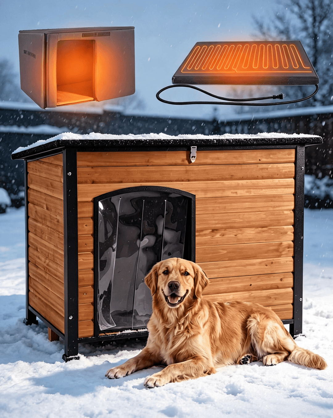 MEDEHOO Heated Outdoor Dog House with Heating Pad &amp; Insulated Liner, Winter Weatherproof Anti-Chewing Dog Kennel, Iron