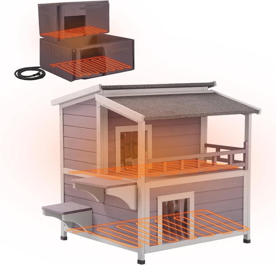 MEDEHOO Heated Cat House for Outside, 2-Story Wooden Cat House Weatherproof for Winter Outdoor Feral Cat Shelter with Heater and Insulated Liner AIR33IN-HP-AL-WM