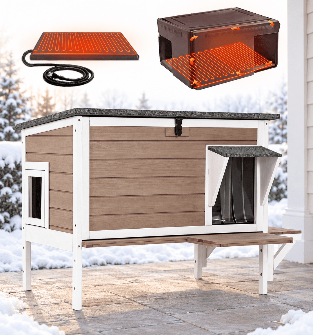 MEDEHOO 33" Heated Outdoor Cat House, Weatherproof Feral Cat Shelter for Winter with Safe Electric Heater, 6-Side Insulated Liner and Escape Door, Light Brown