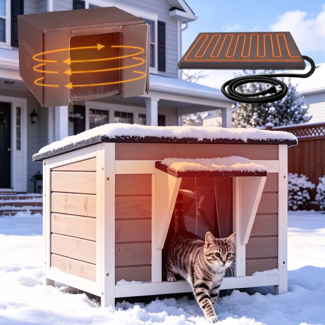 MEDEHOO Heated Outdoor Cat House Weatherproof Heated, 6-Side Insulated Cat Shelter, Brown | 8-Layer Protective Pad, Chew-Resistant Cord, Weatherproof Asphalt Roof
