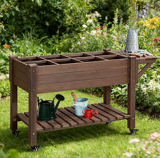 MEDEHOO Raised Garden Bed on Wheels, Elevated Plant Boxes Outdoor Large with Grow Grid - with Large Storage Shelf 52.7" x 22" x 30"