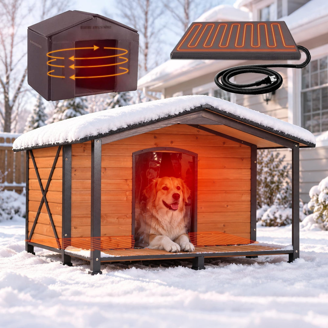 MEDEHOO Extra Large XXL Heated Dog House Outdoor with Full Iron Frame and Porch Waterproof Heated Pad Insulated Liner Outdoor Weatherproof Kennel All-Around Iron Frame