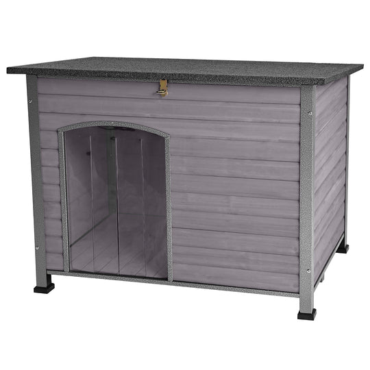 MEDEHOO Indoor Outdoor Dog House,Anti-Chewing Iron Frame Dog Kennel,Wood Warm Pets Home,Weatherproof Outside Shelter GUT75-WM