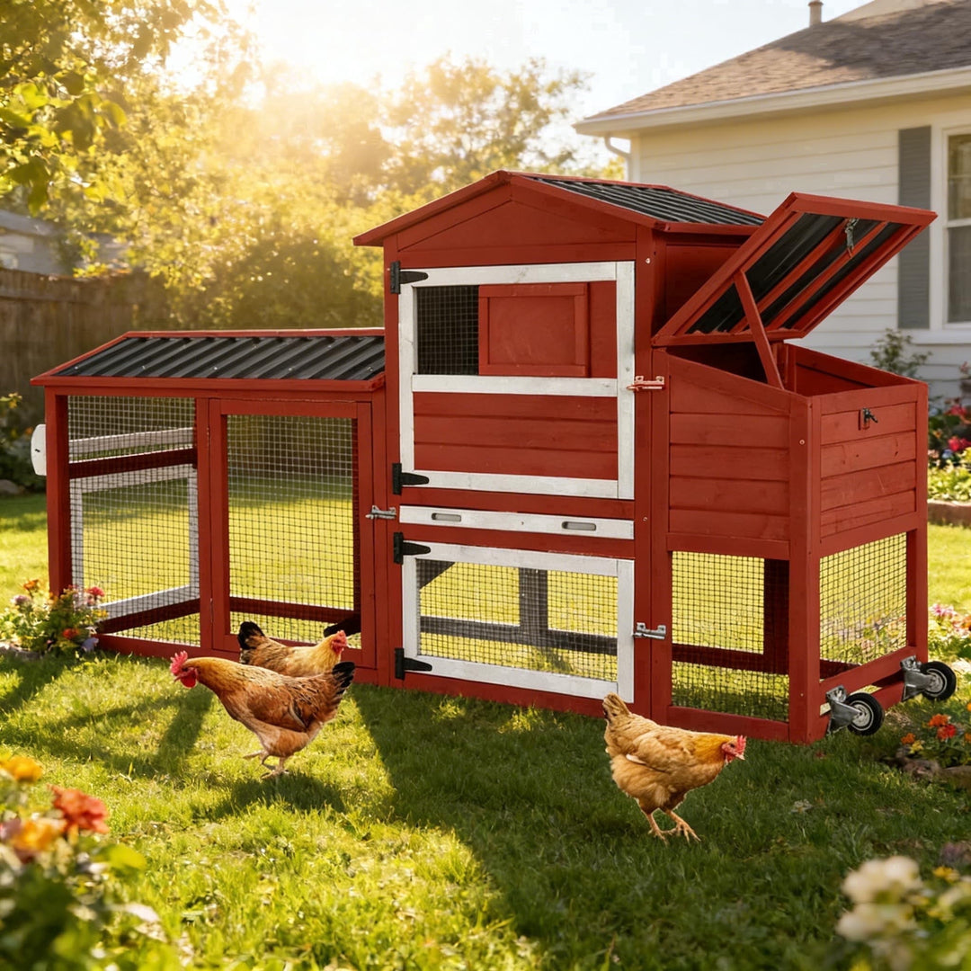 MEDEHOO Chicken Coop with Run and Wheels, Mobile Outdoor Hen House Wooden Poultry Cage with Waterproof Roof
