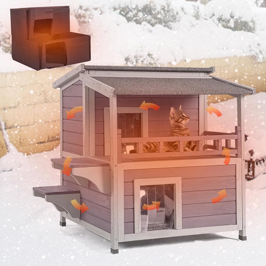 MEDEHOO Insulated Cat House Outdoor for Winter, Wooden Weatherproof Outside Feral Cat Shelter with Liner, Large Balcony, Escape Door, PVC Door Strip, for Outdoor &amp; Indoor