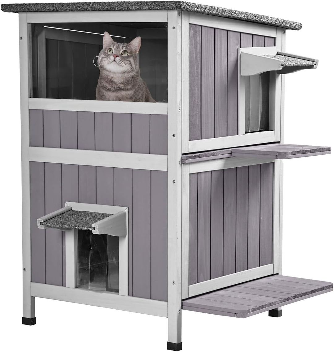 MEDEHOO 2-Story Outdoor Cat House, Weatherproof Feral Cat Shelter, Wooden Cat Cage for Outdoor and Indoor Cats Gray