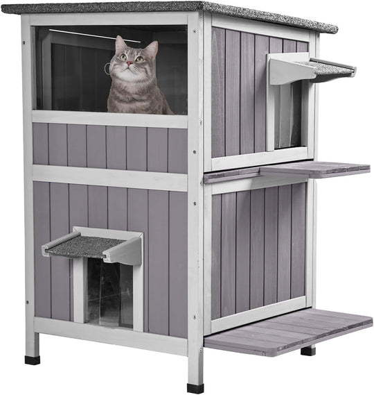 MEDEHOO 2-Story Outdoor Cat House, Weatherproof Feral Cat Shelter, Wooden Cat Cage for Outdoor and Indoor Cats Gray