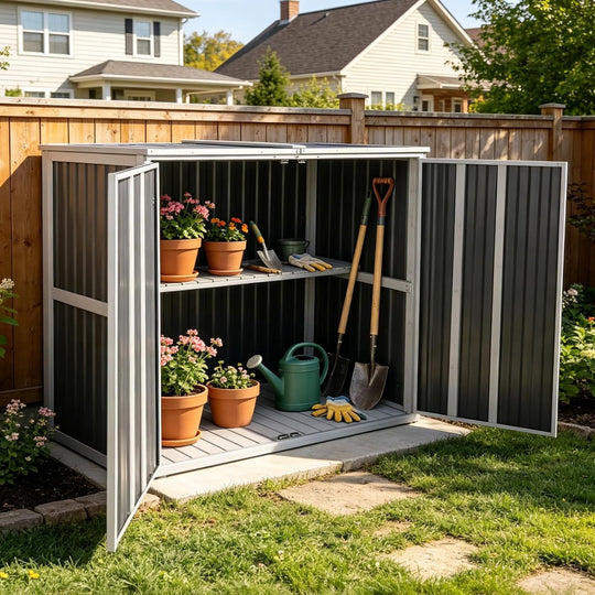 MEDEHOO Outdoor Storage Shed 4.2x2.2FT with Metal Frame &amp; Fir Wood, Weatherproof Resin Garden Shed for Patio Backyard, Horizontal Storage Cabinet with Adjustable Shelves AIR105-G-A11-WM