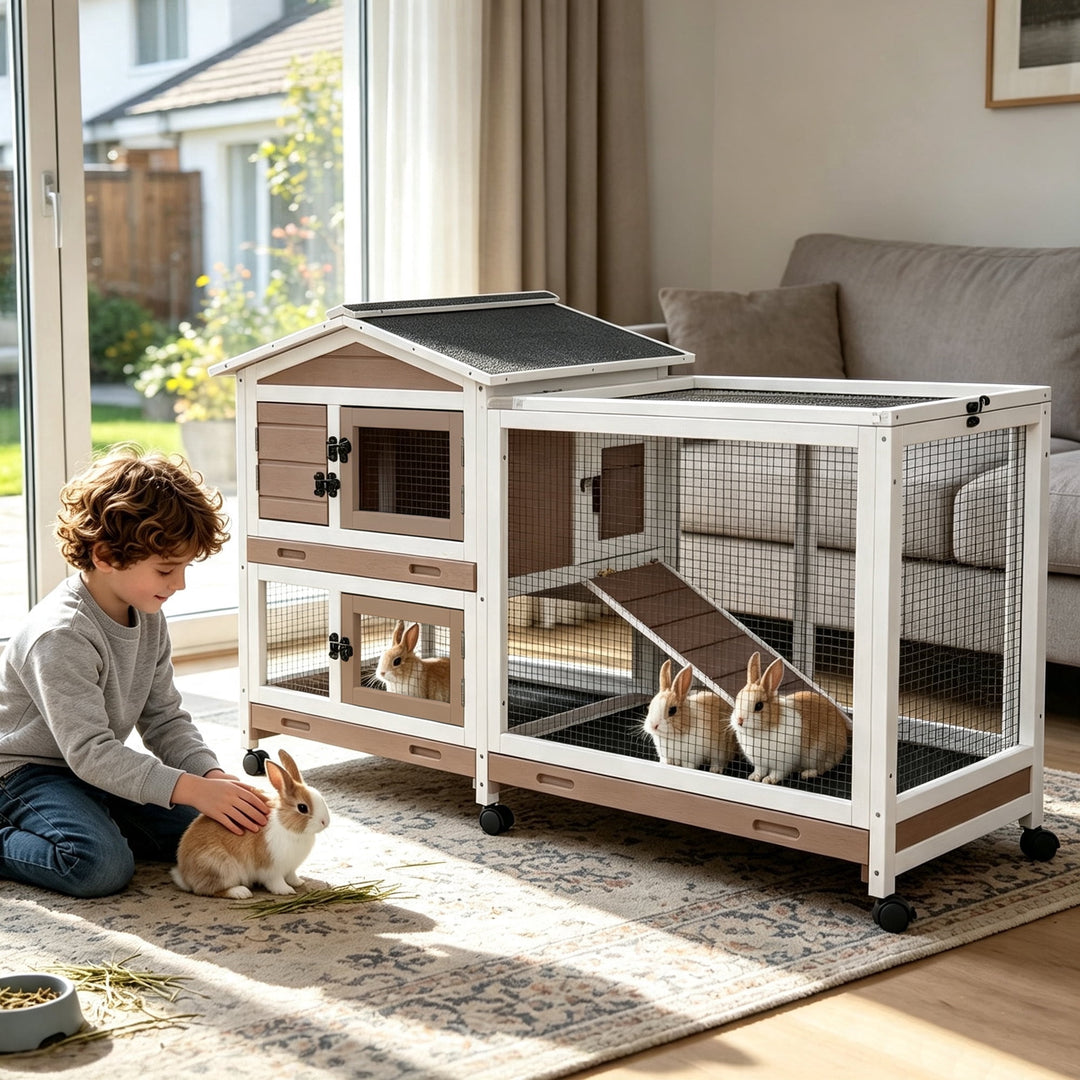 MEDEHOO 62"L Rabbit Cage Indoor Rabbit Hutch on Wheels with Chew-Proof Ramp and Pull Out Tray Bunny Hutch Guinea Pig Cage with Run Brown