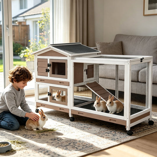 MEDEHOO 62"L Rabbit Cage Indoor Rabbit Hutch on Wheels with Chew-Proof Ramp and Pull Out Tray Bunny Hutch Guinea Pig Cage with Run Brown