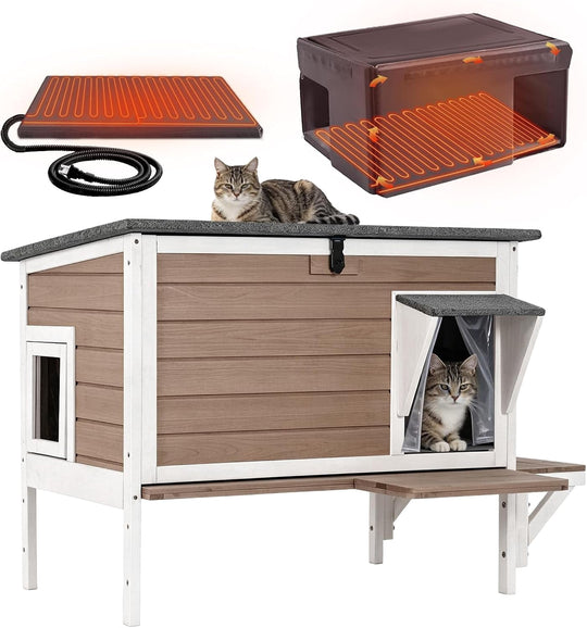 MEDEHOO Large Heated Cat House with Liner, Weatherproof Cat Shelter | Brown Outdoor Insulated Windproof Feral Cat Shelter with Heating Pad, Chewproof Cable