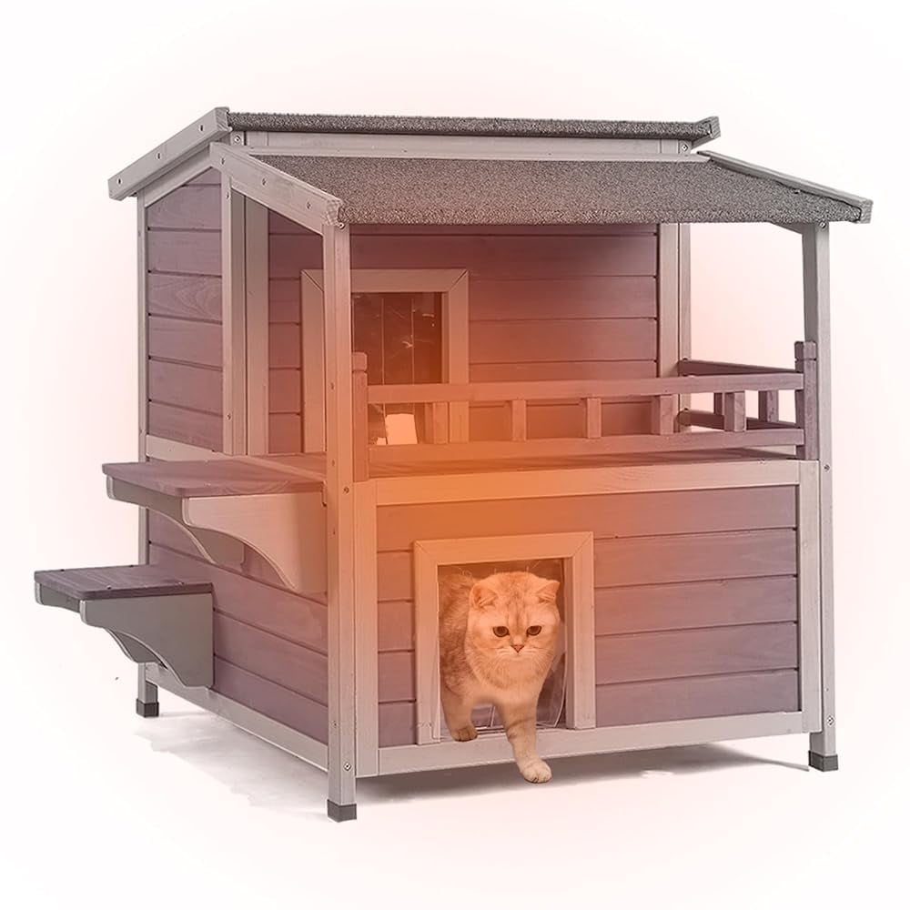 MEDEHOO Outdoor Cat House Wooden Winter Weatherproof Feral Cat Shelter with Balcony AIR33-WM