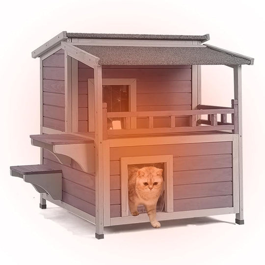 MEDEHOO Outdoor Cat House Wooden Winter Weatherproof Feral Cat Shelter with Balcony AIR33-WM