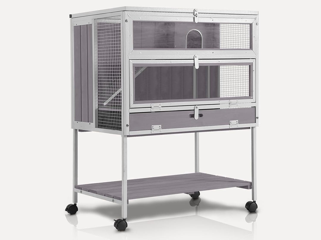 MEDEHOO Guinea Pig Cage, Moveable Metal Frame Hamster Cage Anti-Chewing with Aluminium Alloy Edge, Hideouts, Ramps, Seesaws Chewing Toy, Deeper Pull-Out Leakproof Tray for Indoor Outdoor（White） AIR25-X-L-WM