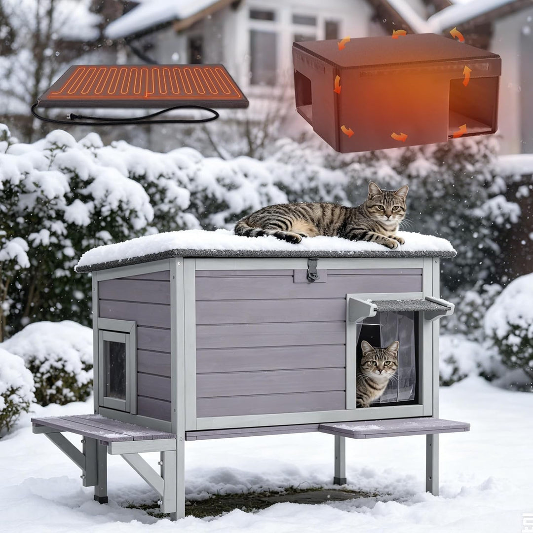 MEDEHOO Large Heated Cat House Outdoor Insulated Cat House Weatherproof Feral Cat Shelter with Heating Pad Insulated Liner Openable Roof &amp; Secure Escape Doors for 1-3 Cats (Winter-Ready)