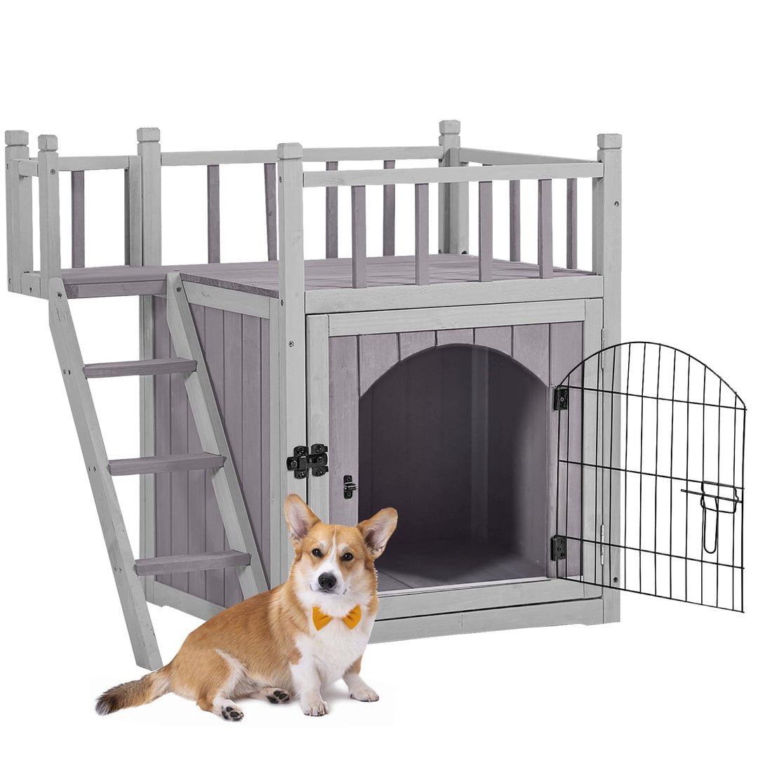 MEDEHOO Wooden Cat House Outdoor Kitty Shelter Pet Houses with Stairs, 2 Storys
