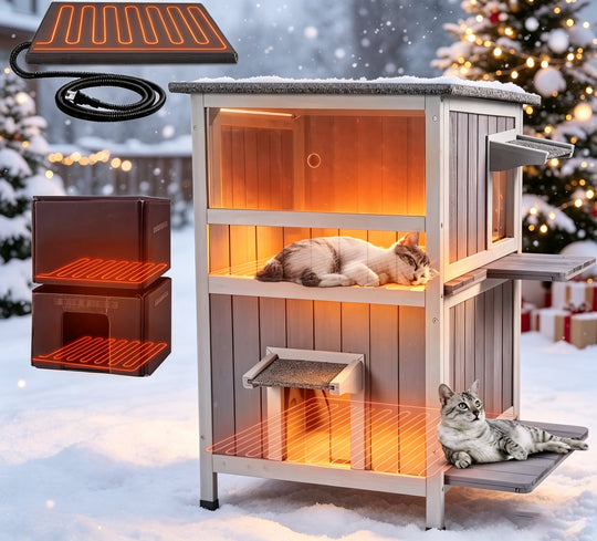 MEDEHOO Heated Cat House with Heating Pad &amp; Insulated Liner for Winter, Insulated Outdoor Cat House for Outdoor Indoor, Weatherproof Two Story Cat Shelter for Feral &amp; Stray Cats