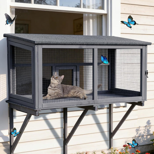 MEDEHOO Cat Window Box Attach to Window Catio Outdoor Cat Enclosure with Weatherproof Roof PVC Door Outside Wooden Cat Window Perch for Indoor Cats CO7016-9DML-WM