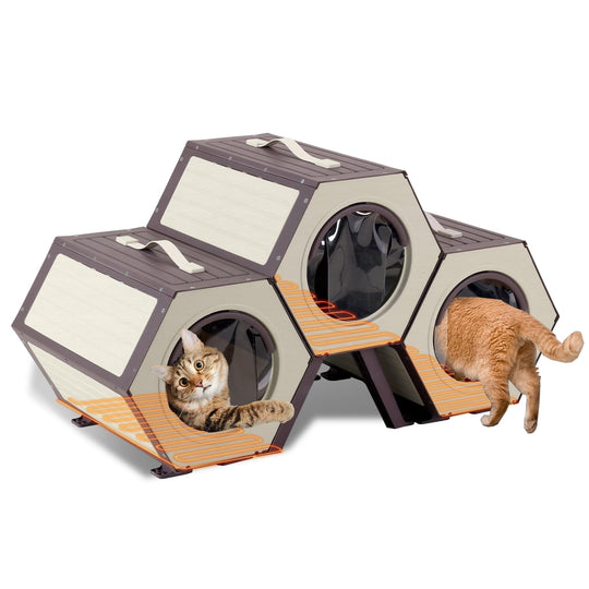 MEDEHOO Outdoor Indoor Heated Cat House with Heater, Combined Cat Condo with Adjustable Temperature and Time, Insulated Feral Cat Shelter with Escape Door for Winter Weatherproof (3 Set)