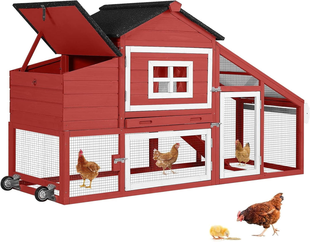 MEDEHOO Chicken Coop Mobile Chicken House On Wheel Outdoor Rabbit Hutch for 2-4 Chickens 67"(Red) AIR023-R2