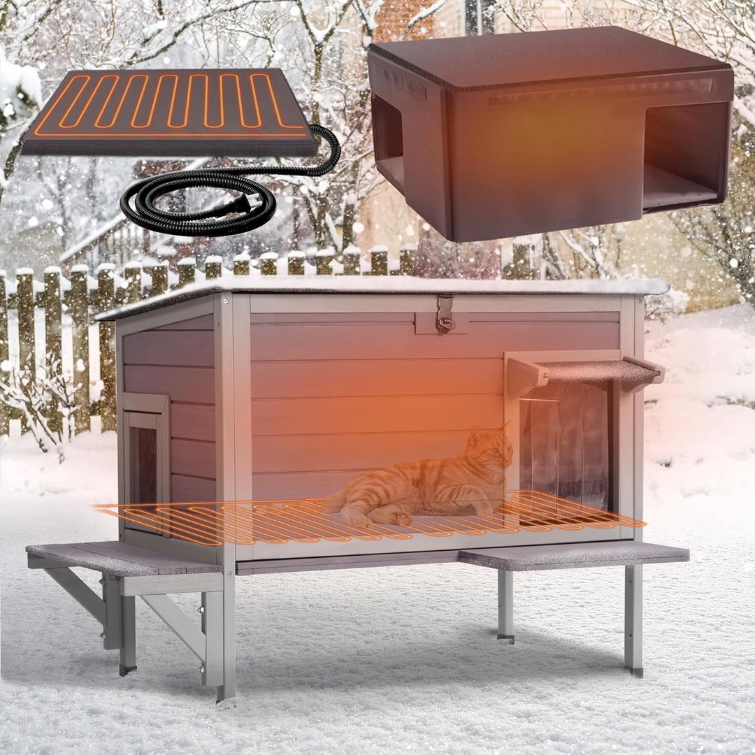 MEDEHOO Heated Outdoor Cat House with Insulated Liner, Weatherproof Winter Shelter with Detachable Heating Pad for Feral Cats and Kittens