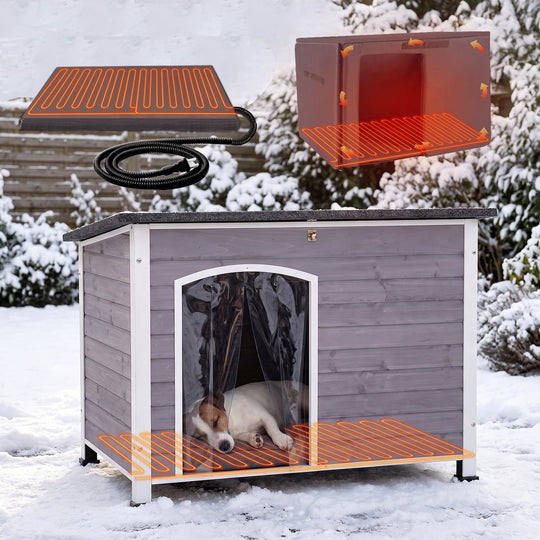 MEDEHOO 43.3" Heated Dog House Outdoor, XL Insulated Weatherproof Kennel with Heating Pad &amp; Chew-Proof Metal Frame GUT43-IN-WM