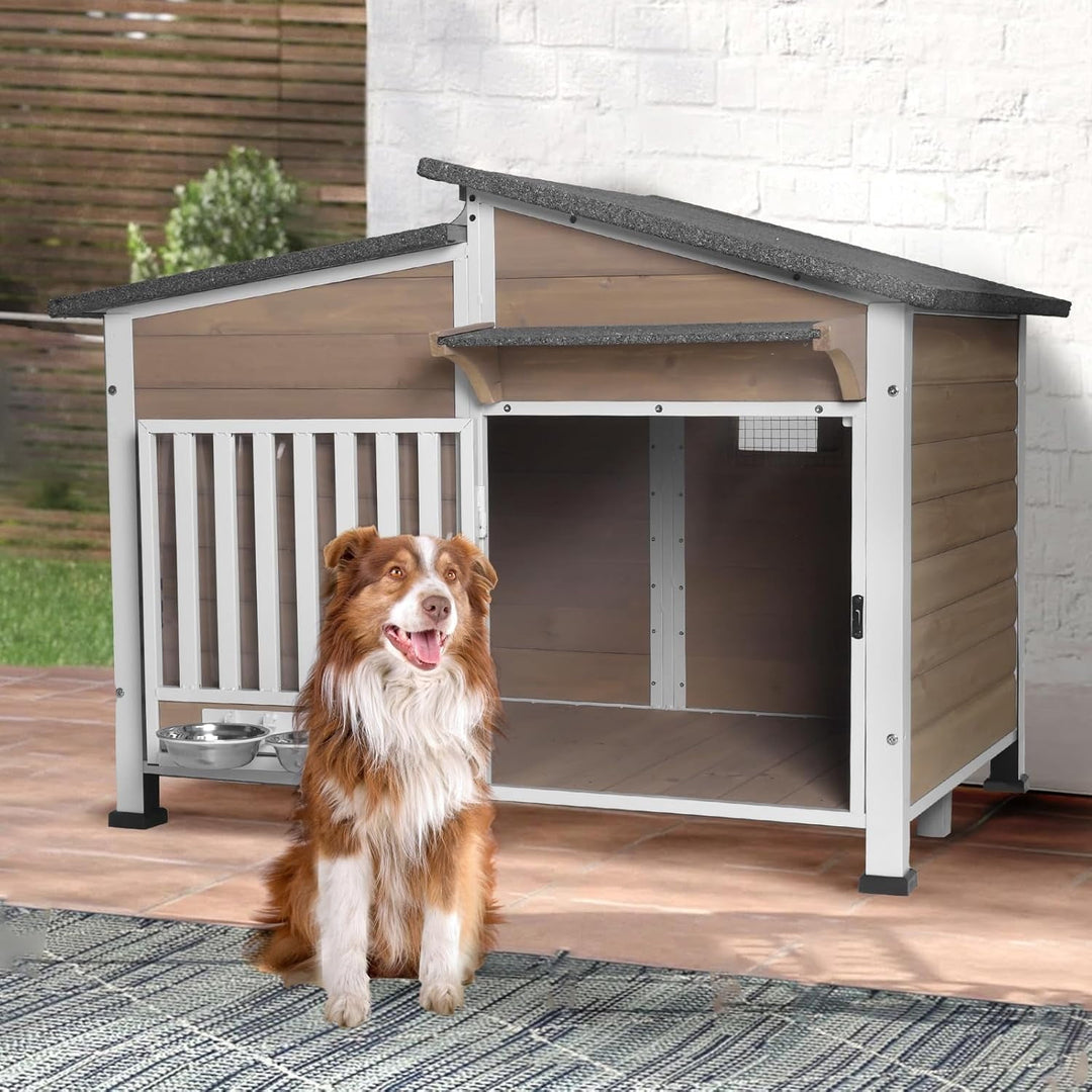 MEDEHOO Dog House for Outdoor Use with Matel Frame, Waterproof Design -All-Weather Wooden Kennel with Sliding Window &amp; Metal Frame Brown AIR7021-B-G11-WM