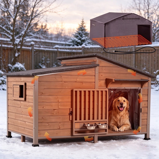 MEDEHOO Extra Large Heated Dog House Insulated Dog Shelter Weatherproof Dog Kennel with Heating Pad, Chew-Proof Metal Frame, 6-Sided Thermal Liner for Large Dog Breeds (Camel)