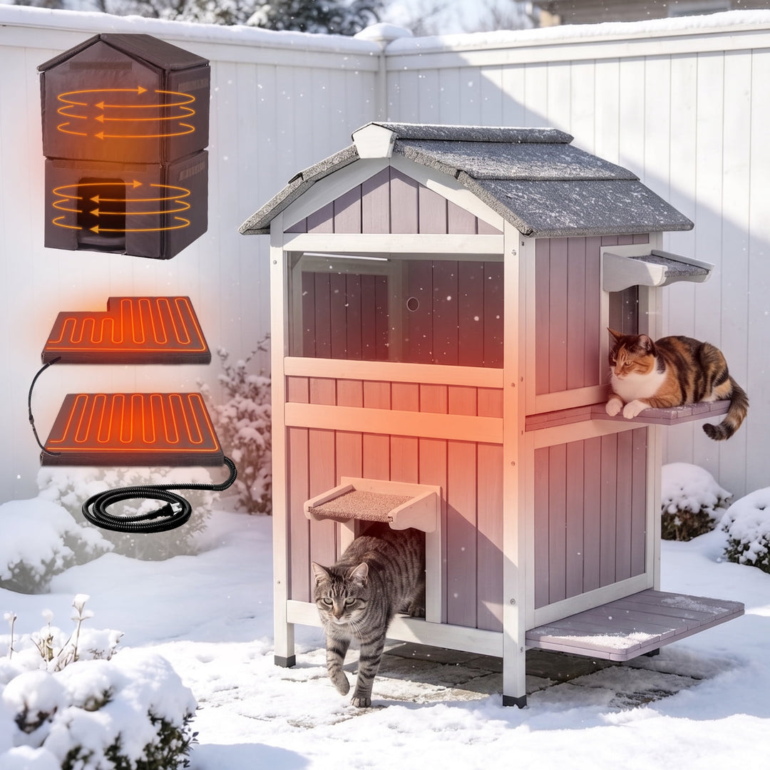 MEDEHOO 2-Story Heated Cat House for Outside Large Insulated Cat House Outdoor Weatherproof Feral Cat Shelter with Heated Pad, Insulated All-Round Thermal Liner for 1-4 Cats