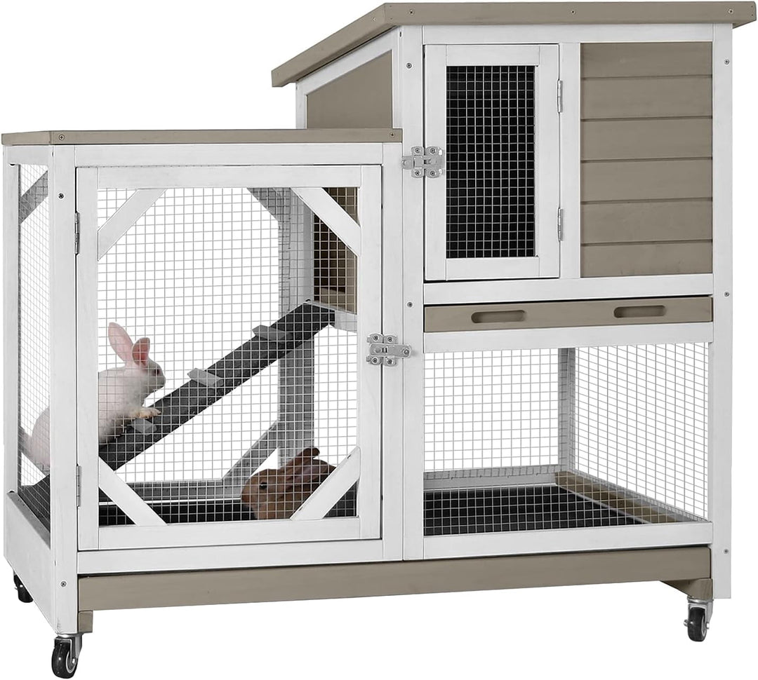 MEDEHOO Upgrade Rabbit Hutch Rabbit Cage Indoor Bunny Hutch with Run Outdoor Rabbit House with Two Deeper No Leak Trays - 4 Casters Include (Mocca Color Without Bottom Wire Netting) XZ7003-KK-WM