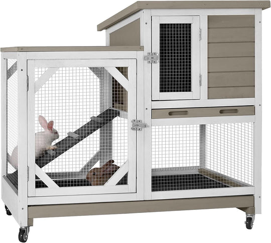 MEDEHOO Upgrade Rabbit Hutch Rabbit Cage Indoor Bunny Hutch with Run Outdoor Rabbit House with Two Deeper No Leak Trays - 4 Casters Include (Mocca Color Without Bottom Wire Netting) XZ7003-KK-WM
