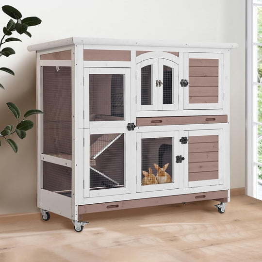 MEDEHOO Large Rabbit Hutch Wooden Bunny Cage Indoor with Chew-Proof Ramp, 2-Story Guinea Pig Cages with Casters, Pull-Out Trays for Rabbits, Guinea Pigs, 47.2" L x 19.7" W x 42.1" H RH-AIR06-D-MA-WM
