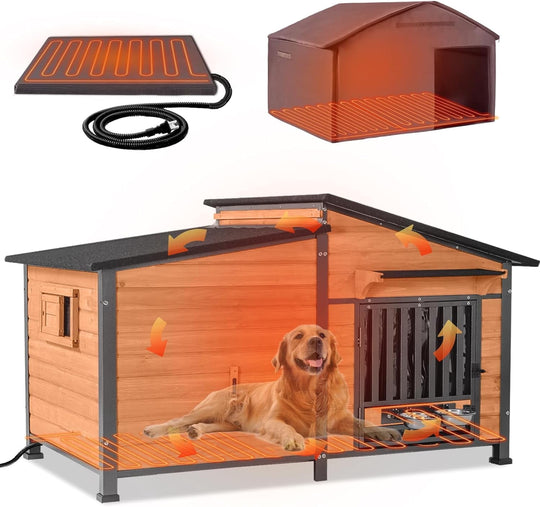 MEDEHOO 60’’ Extra Large Heated Outdoor Dog House for Large Breed, Insulated Dog Kennel with Wider and Thicker Metal Frame, Weatherproof Dog Shelter with Thermostatic Heating Pad for Winter DH7021-L-IN-HP-2DML-WM