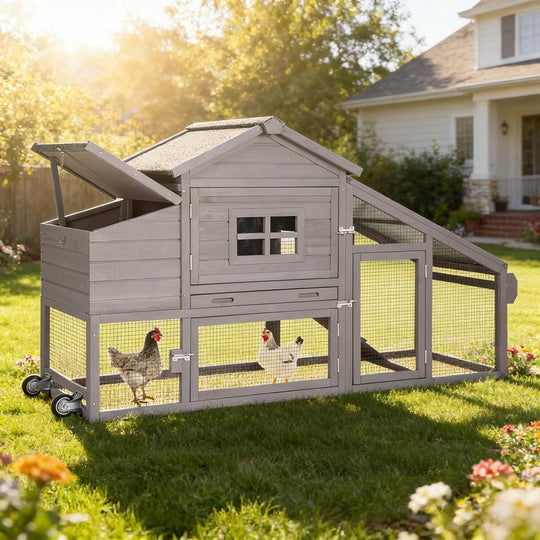 MEDEHOO Chicken Coop for 4 Chickens, Mobile Chicken House with with Wheels, Outdoor Hen House Poultry Cage with Nesting Box, Leakproof Pull Out Tray and UV-Resistant Roof