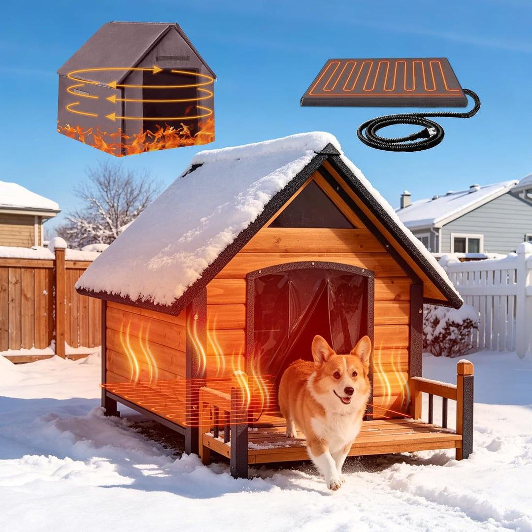 MEDEHOO Heated Dog House for Outside with Chewproof Iron Frame, Porch, Heating Pad, Insulated Liner, Weatherproof Asphlat Roof Large Dog Cage Brown