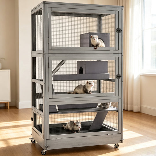 MEDEHOO 4 Levels Wooden Ferret Cage with Wheels, Upgrade Metal Frame Rat Cages for Guinea Pig Lizzard Chinchilla Gerbils Indoor Outdoor (4 Level)