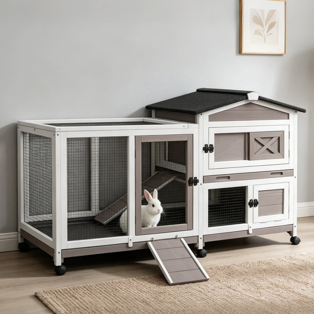 MEDEHOO 55.2" 2-Story Rabbit Hutch Indoor Outdoor, Heavy Duty Full Metal Bunny Cage with 6 Locking Wheels, 2 Pull-Out Trays, Chew-Proof Ramp &amp; Waterproof Roof for Guinea Pigs Small Pets