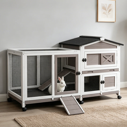 MEDEHOO 55.2" 2-Story Rabbit Hutch Indoor Outdoor, Heavy Duty Full Metal Bunny Cage with 6 Locking Wheels, 2 Pull-Out Trays, Chew-Proof Ramp &amp; Waterproof Roof for Guinea Pigs Small Pets