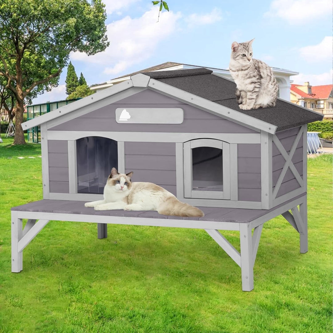 MEDEHOO Outdoor Cat House Weatherproof with 3 Entry Doors, Elevated Base &amp; PVC Curtain, Indoor/Outdoor Kitty Shelter for Small-Medium Pets