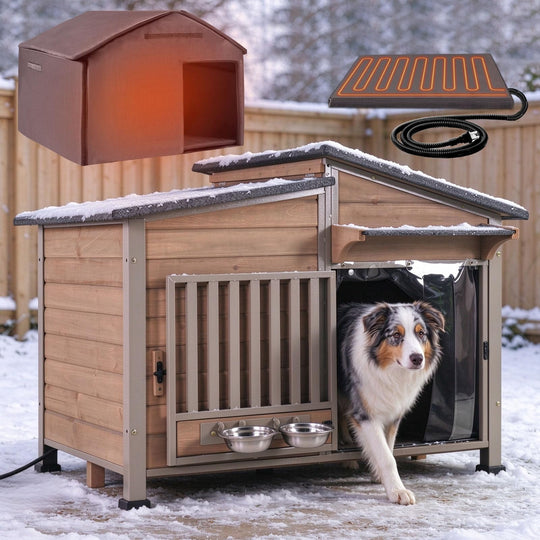 MEDEHOO Heated Dog House Outdoor Insulated Wood Kennel with Bowl  Weatherproof  Dog Crate with Full Metal Frame Heated Pad for Small to Large Dog Breeds