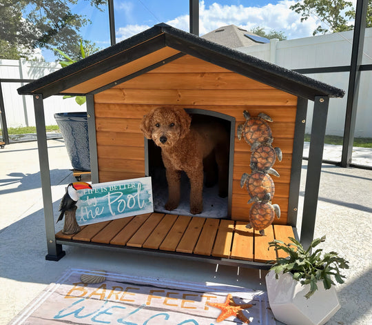 MEDEHOO Anti-Chewing Outdoor Dog House with Iron Frame, 41.4"D Weatherproof Wooden Dog Kennels with Large Porch for Outdoor &amp; Indoor, Brown