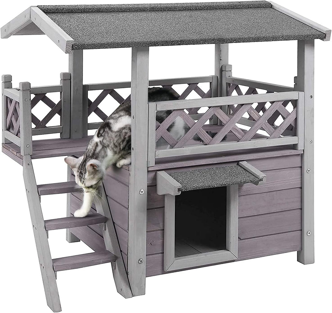 MEDEHOO Cat House with Door for Feral Cats, Rainproof Outside Kitty House, 2 Story Wooden Kitten Condo with Stairs AIR09-BS-WM2