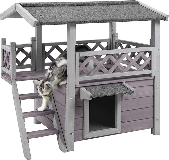 MEDEHOO Cat House with Door for Feral Cats, Rainproof Outside Kitty House, 2 Story Wooden Kitten Condo with Stairs AIR09-BS-WM2