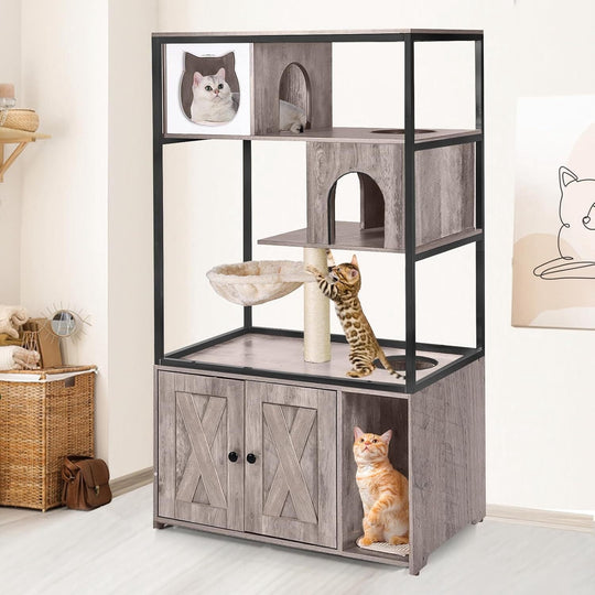 MEDEHOO Cat Litter Box Enclosure, Hidden Litter Box Furniture with Metal Frame, Wooden Kitty House with Barn Door, Wooden Cat Washroom Furniture, Fit Most of Litter Box (Grey) AIR102-I-A111-WM