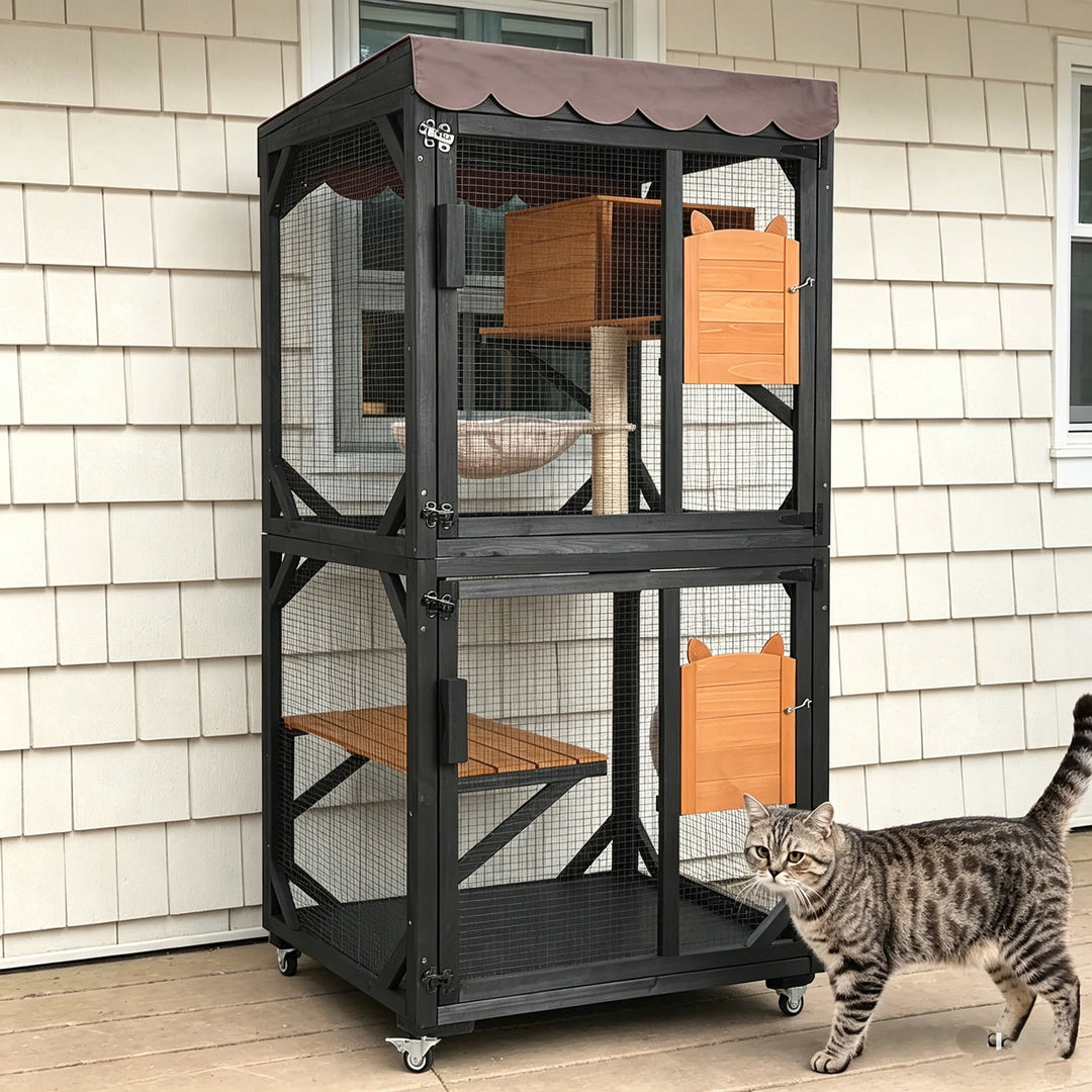 MEDEHOO Outdoor Catio Cat Enclosures on Wheels Cat House 70.9" Large Cat Condon House with Upgraded Resting Box,Waterproof Roof Cover,Brown